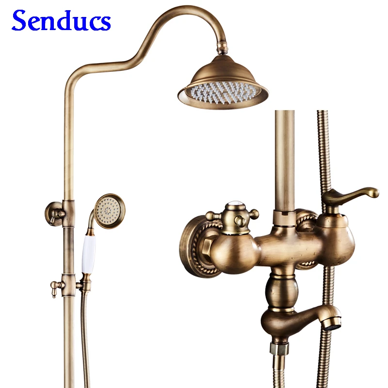

Senducs Antique Shower Set Quality Brass Bathtub Shower Faucet Round Rain Top Shower Series Luxury Bathroom Antique Shower Set