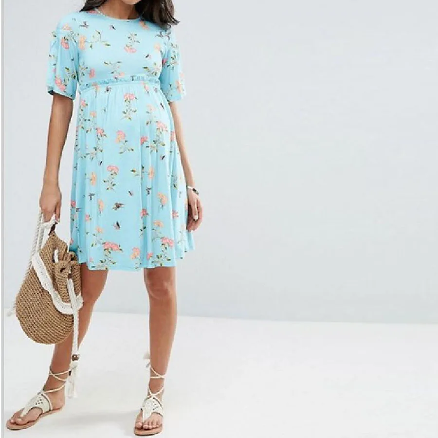 New Ties Waist Floral Printed Linen Maternity Dress Summer Autumn Fashion Nursing Clothes for Pregnant Women Pregnancy Clothing (1)