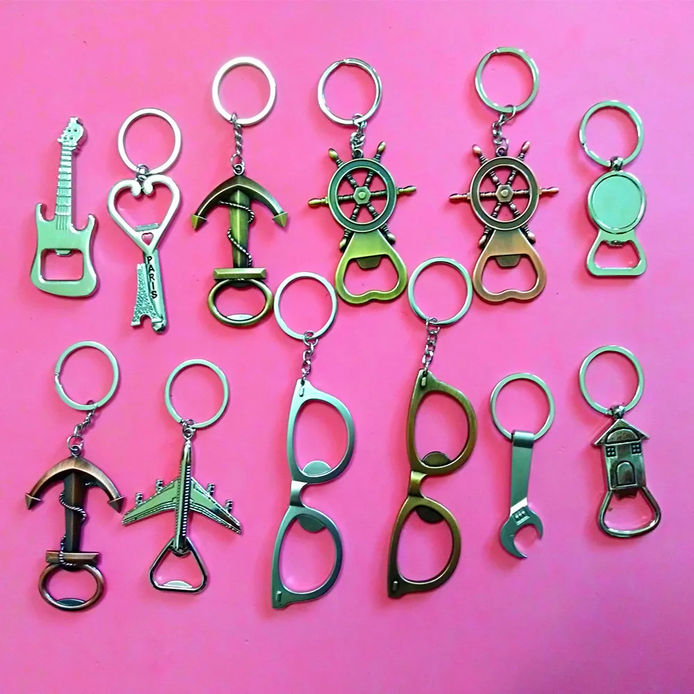 

1 Pcs 13 style Heart Shaped Opener Keychains Anchor Rudder Bottle opener house keyring aircraft glasses Eiffel Tower keychain