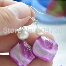 Ry00381 фиолетовый квадрат оболочки белый круглый перл МОТАТЬСЯ СЕРЬГИ 925ss 5 шт