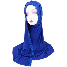 Красивые кружевные края исламский женский шарф хиджаб хлопок Джерси мусульманский головной платок простой цвет Исламский длинный платочная повязка на голову 170x70 см