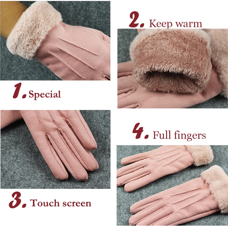 2019 зимние сенсорный экран Перчатки женщин искусственной замши полный палец Нескользящие теплые варежки осенние бархатные guantes