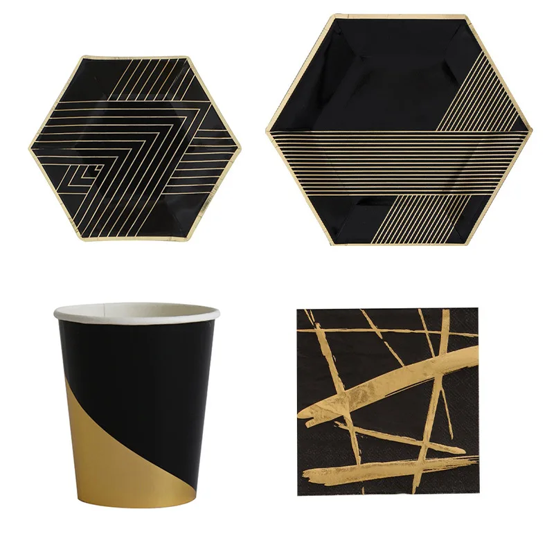 

44PCS/Set Black Party Tableware Disposable Paper Plate Cups Foil Straws Utensils Wedding Birthday Party Decorations Xmas