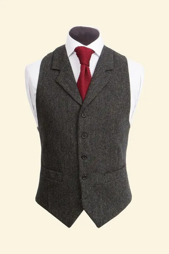 Charcoal Tweed Men Vests Groomsmens Vests Bespoke Lapel collar Slim Fit