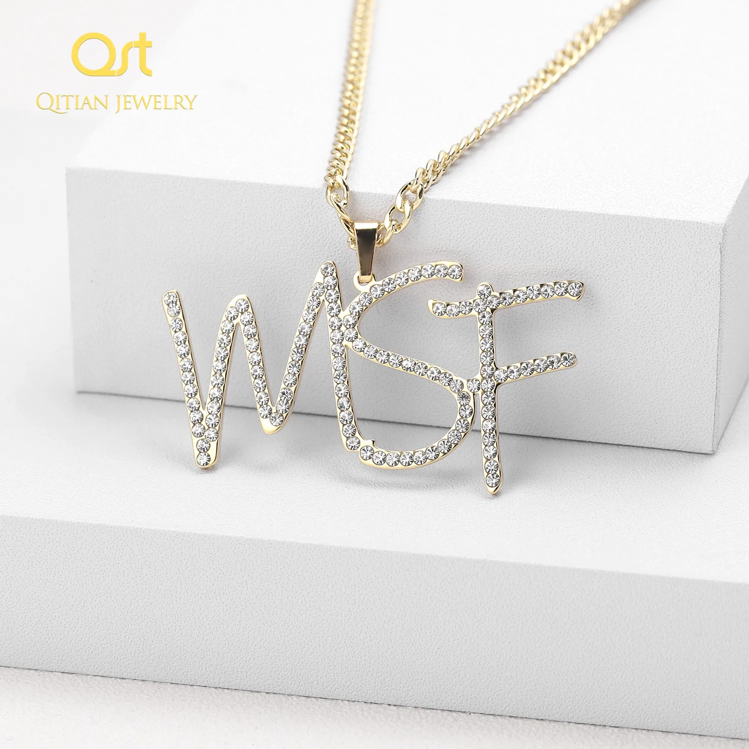Nameplate Necklace Jewelry Cuban-Chain Hippop Customized Iced-Out Letters Cursive Initial