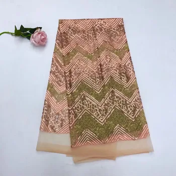 

2018 African French Lace Fabric,High Quality Peach Gold flowers African Tulle Lace Fabric with Sequins For Wedding party dress