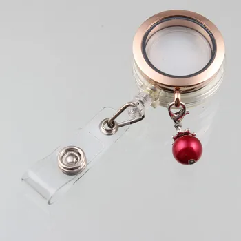 

10pcs 30mm Floating Locket Stainless Steel Glass Locket Pendant With Retractable ID Badge Holders And Red Pearl