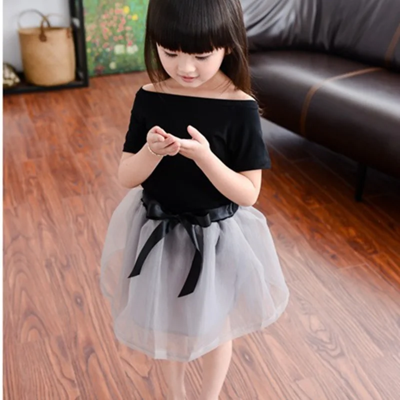 2 Baby Girls Princess Bow Knot Skirt Mesh Set Solid T-shirt + Tutu Mini Skirt Set Short Sleeved Tee Off Shoulder Girl Clothing