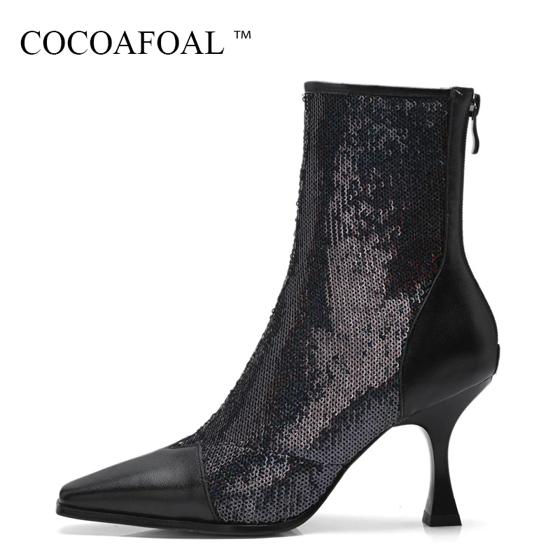 

COCOAFOAL Women's Fashion Bling Chelsea Boots Spring Autumn Genuine Leather Mid Calf Boots Plus Size 43 Black High Heeled Shoes