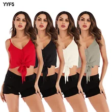 European and American Outbreak 2019 new fashion women's wear V-neck bow trim body chiffon pure color Suspender vest top woman outbreak