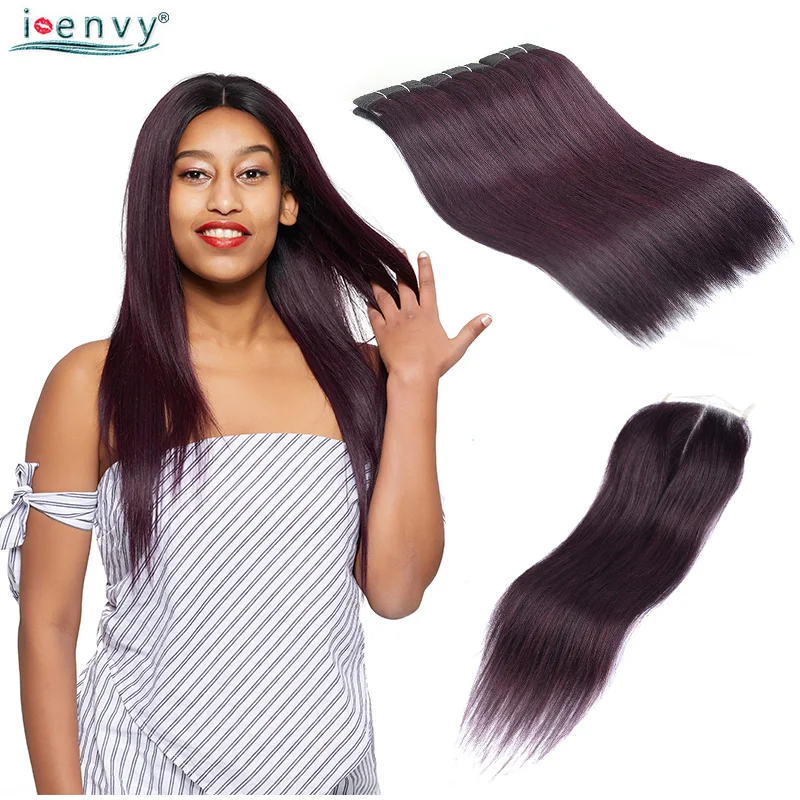 I Envy 3 Purple Red Bundles With Closure Straight Brazilian Dark Burgundy Colored Human Hair Weave Non Remy | Шиньоны и парики
