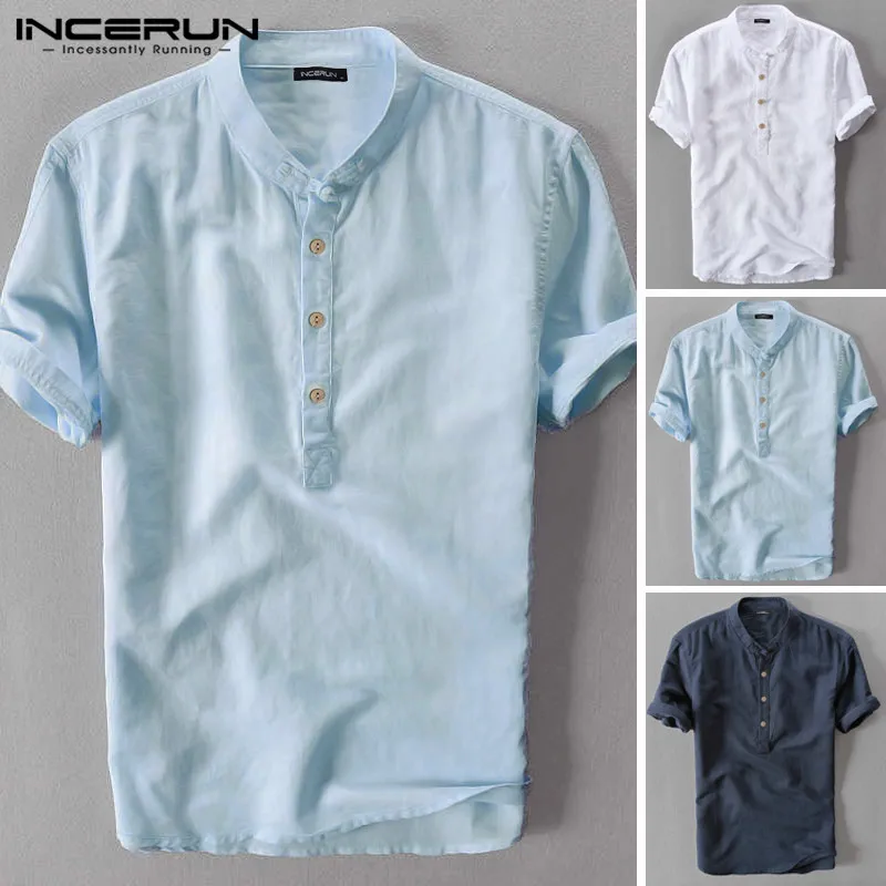 

INCERUN Vintage Men Shirt Plain Stand Collar Short Sleeve Cotton Pullovers Harajuku Streetwear Chic Camisa Brand Shirts Men 2019