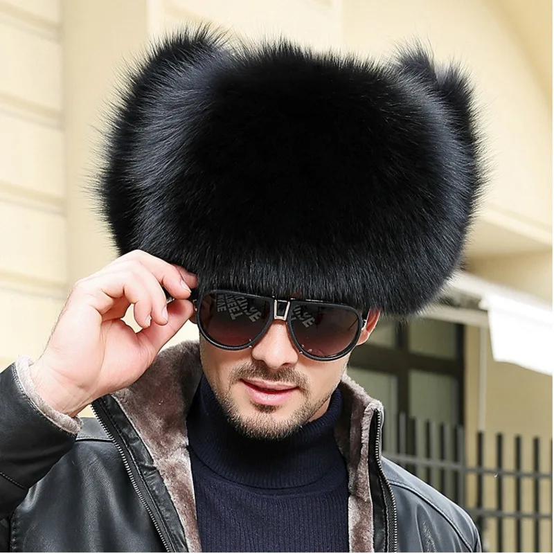 Шапки из натурального меха серебристой лисы, зима-осень, модные мужские теплые меховые шапки для мужчин, уличная однотонная утолщенная шапка-ушанка, однотонные шапки - Цвет: Black