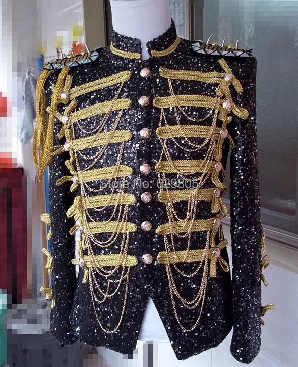 

Tassels Epaulet Gold Chains Sequins Jacket Outerwear Suit Top Male Singer DJ DS Dance Stage Wear Costumes Performance Blazer