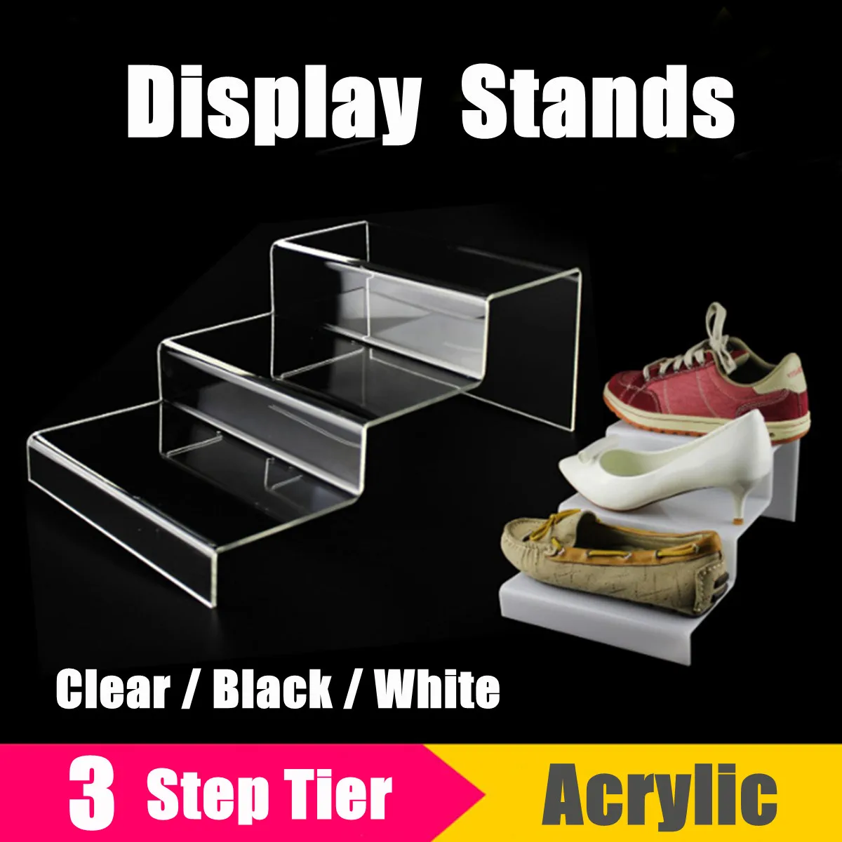 

3 Tier Acrylic Retail Riser Counter Shoes Wallet Jewellery Display Stands Plinth Jewelry Ladder Shelf Double Rack Organizers