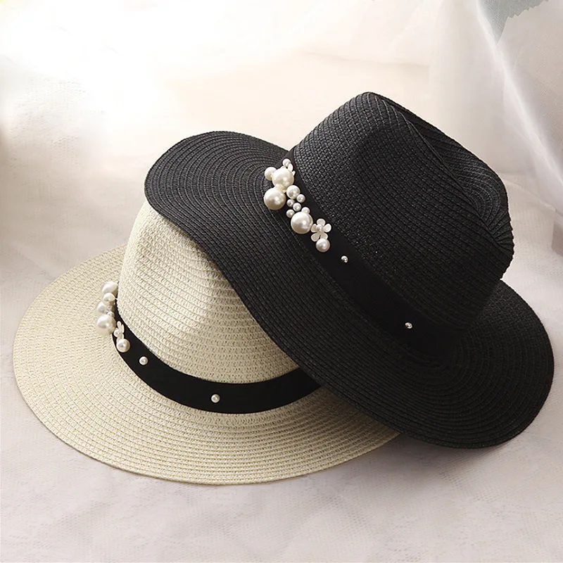 

2019 summer Fashion jazz flat brim straw hat pearl beading fedoras women's sun-shading sunscreen Panama hat outdoor beach hat