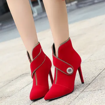 

Black Red Suede Women High Heels Boots Autumn Winter Stiletto Ankle Boots Fashion Sexy Pointed Toe Ladies Boots 2019 Dropshippin