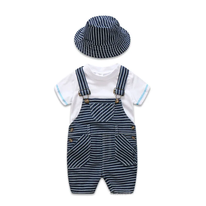 Newborn Baby Clothes Cotton Boys Suit Sets white t shirt + Striped Hat