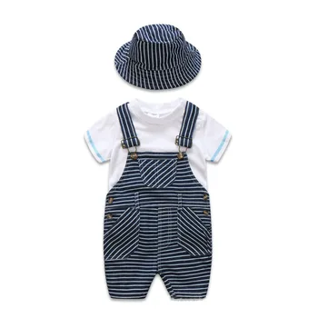 

Newborn Baby Clothes Cotton Boys Suit Sets white t-shirt + Striped Hat + Overalls Outfits Set Casual Boy Clothes Summer