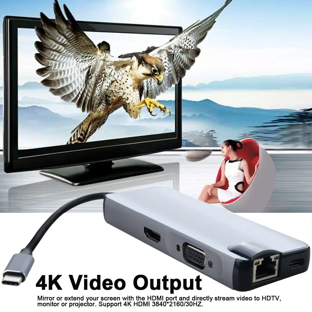 

8 in 1 Combo USB-C USB 3.1 Type C Hub with VGA 4K HDMI Video HD TF SD Card Reader 1000M RJ45 Ethernet Type C Charging Hub