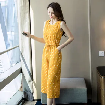 

O Neck Sleeveless Yellow Dot Bodysuit Casual Lady Rompers Wide-legged Pant Women Jumpsuit Playsuit Overalls Summer Jumpsuits
