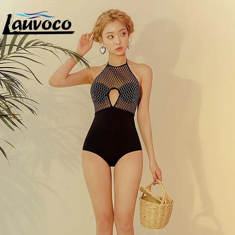 

Mesh Black One Piece Swimsuit High Neck Sexy Hollow Out Halter Push Up Swimwear Women Korean Beachwear Girl Lace Up Bathing Suit