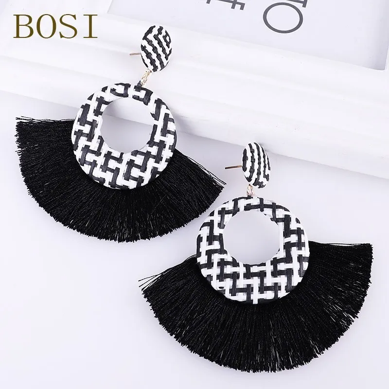 

Tassel Earrings for Women 2019 Boho Fashion Handmade Geometric Bohemian Big Long Drop Earring Rattan Fringe black Statement