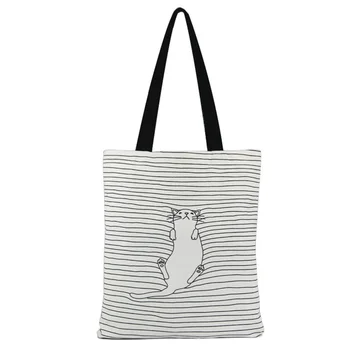 

1 Pcs Fashion Women Striped Shoulder Bags Cute Cat Simple Canvas Cartoon Cat Printing Handbag Shopping Bags Size:35*40 cm