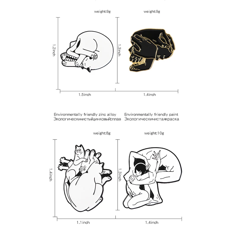 Qihe ювелирные изделия скелет Любовь Эмаль на булавке темно панк броши, принт «Кот», «рыбка череп рука об руку значки унисекс гот, ювелирное изделие для пары