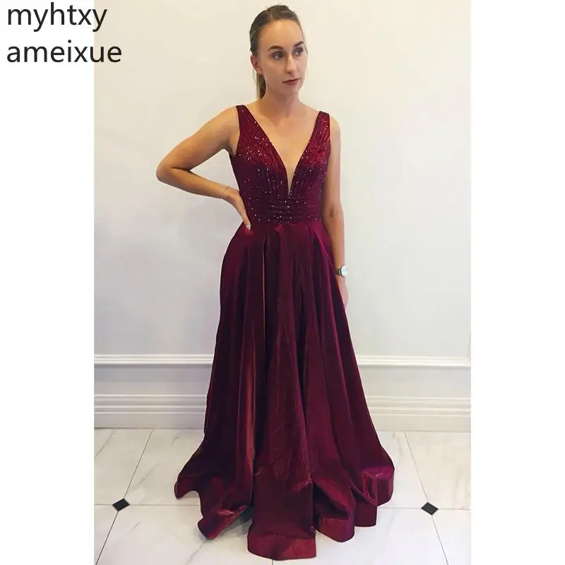 

Simple Red Sexy Evening Dresse Prom Dresss Backless Floor Length Sleeveless Beading Evening Gowns Custom Made Robe De Soiree