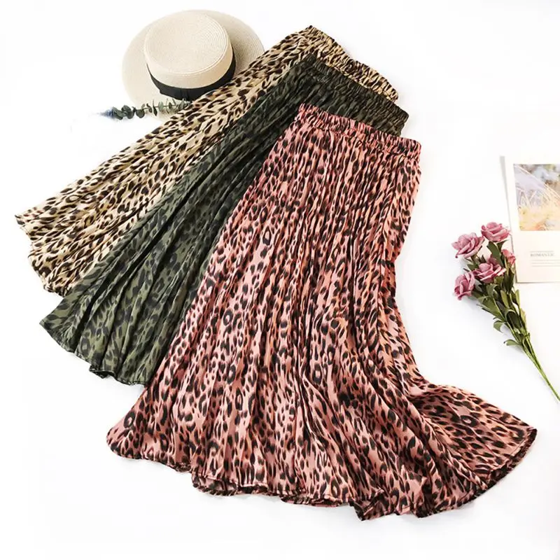 

Women Autumn Leopard Print Pleated Mid Waist Big Swing Skirt Retro Temperament Europe And The United States Style Skirts Female