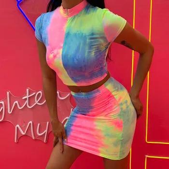 

ZADORIN Fashion Summer Clothes for Women Tie Dye Two Piece Set Crop Top and Skirt Set Sexy Neon Party Club Outfits Matching Set