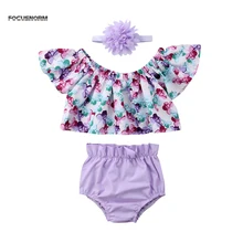 Милый комплект из 3 предметов для маленьких девочек, короткий рукав-лепесток, футболки с цветочным принтом топы с оборками, фиолетовые шорты и повязка на голову