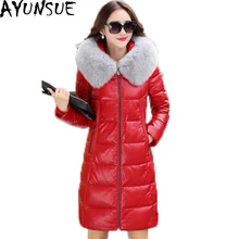 Плюс Размеры Пояса из натуральной кожи куртка Для женщин Европейский Белое пуховое пальто тонкий длинный Лисий меховой воротник овчины Кожаные куртки st558