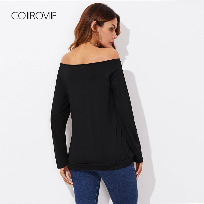 COLROVIE черная Повседневная футболка с вырезами и открытыми плечами, осень, новинка, эластичная рубашка с открытыми плечами, топ, футболка, базовая женская одежда
