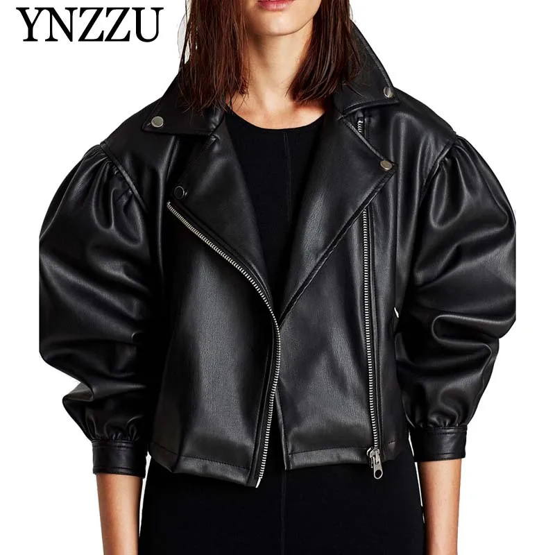 

YNZZU European Style Black Women PU Leather Jackets 2019 Fashion Zipper Loose Short Faux Leather Jacket Autumn Coats YO792