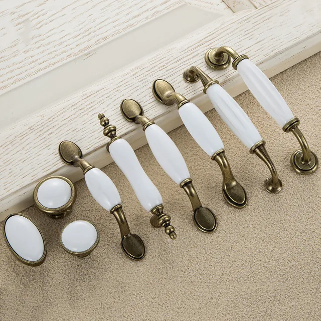5pcs White Ceramic Door Handles European Antique Furniture Handle