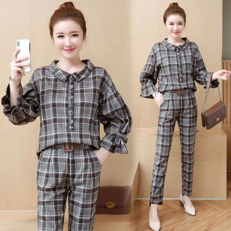 

Plaid women suits trousers 2 piece outfit top and pants suit co-ord set Office 2019 spring rufflies elegant female clothing
