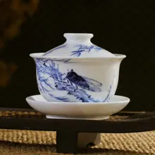 Голубая и белая фарфоровая чайная чашка/Gaiwan с традиционной китайской ручной росписью Цикада живопись CN-01-03