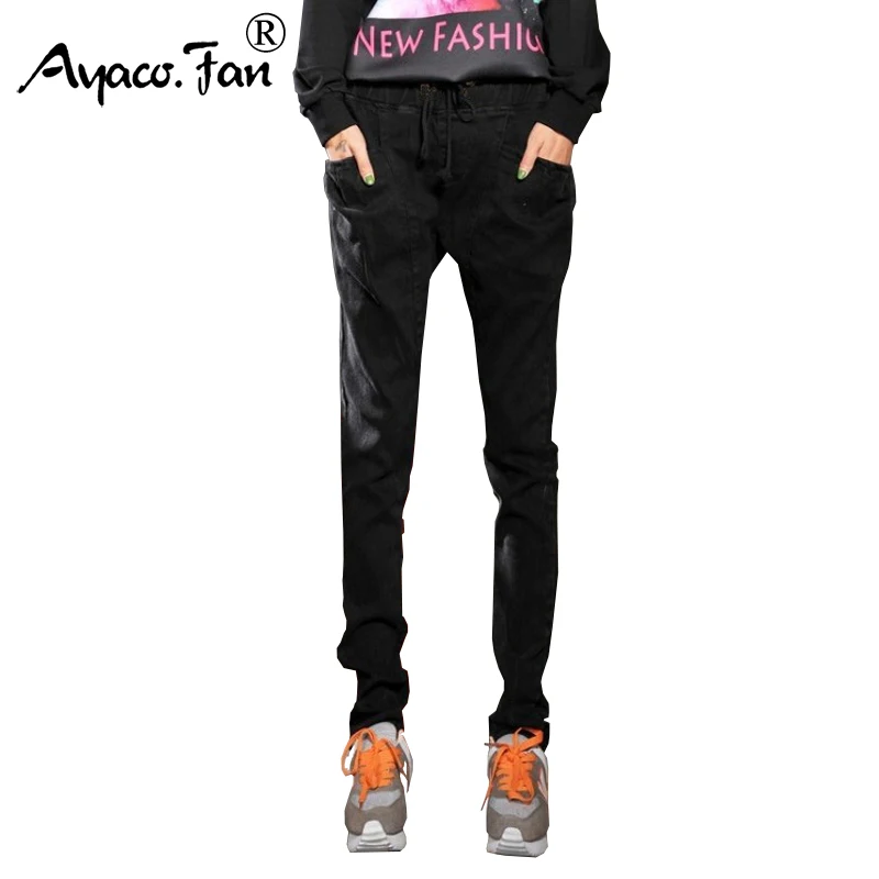 Модные женские туфли джинсы весна высокое эластичный пояс плюс Размеры 4XL Для женщин черные джинсы женские Femme промывают Повседневное тонкие шаровары - Цвет: Black Jeans