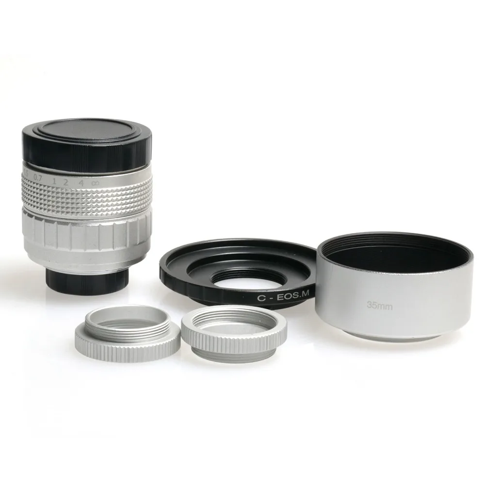 

Silver FUJIAN 50mm f/1.4 CCTV F1.4 camera Lens + adapter+ Lens Hood + Macro Ring for Canon EOS M EOS M2 M3 M10
