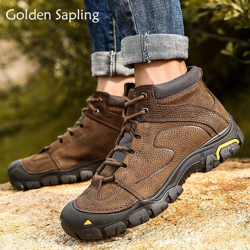 

Golden Sapling Winter Boots Fur Men Outdoor Sneakers Breathable Hiking Shoes Man Tactical Boots Leather Mountain Trekking Shoes