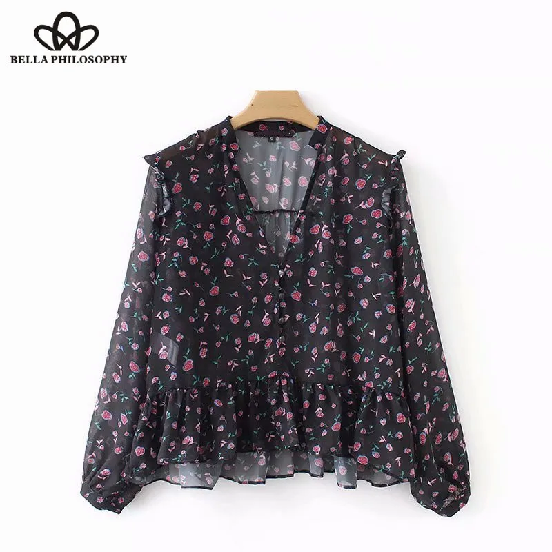 Wonder 2018 new sweet v neck floral print chiffon casual smock Blouse shirt women pleated ruffles Femininas Blusas chic tops
