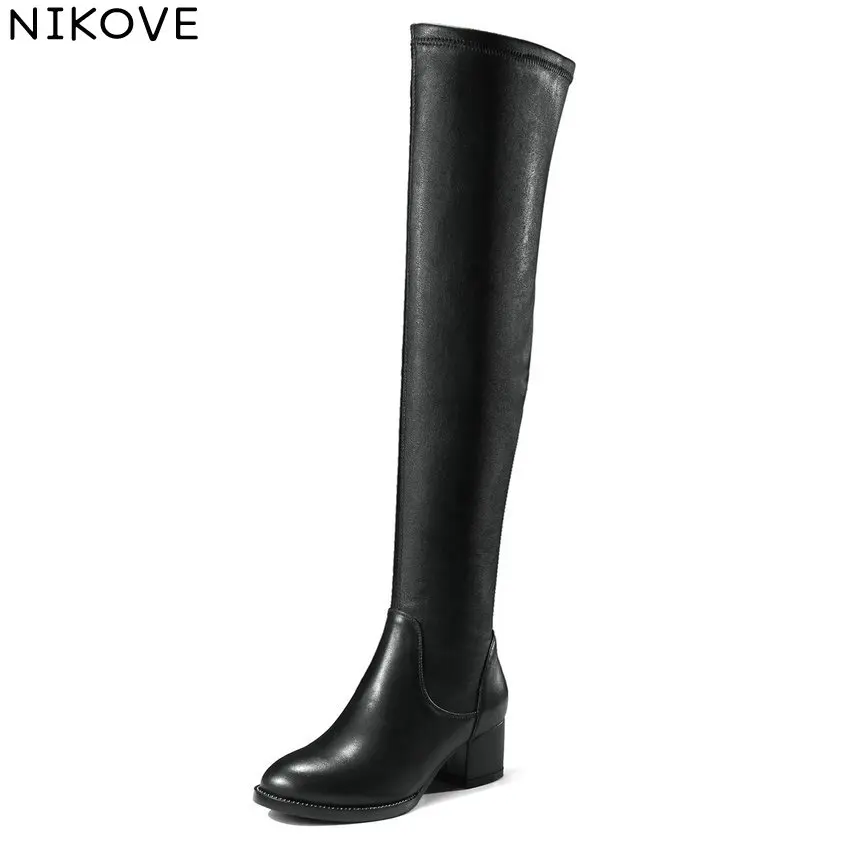 

NIKOVE 2018 Winter Snow Women Boots Over The Knee Boots Genuine Leather+PU Ladies Square High Heels Fashion Boots Size 34-39