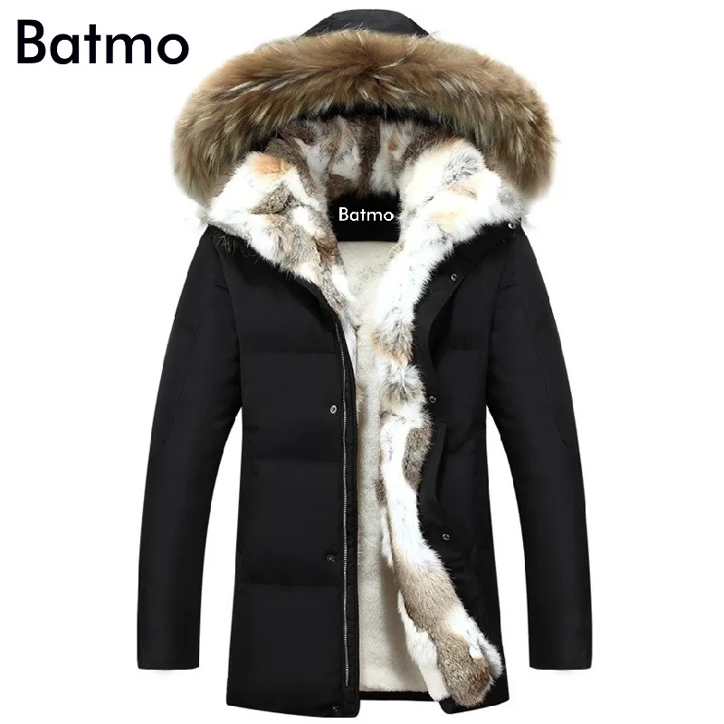 Batmo, зимняя куртка высокого качества на утином пуху, Мужское пальто, парка, толстая подкладка, мужская теплая одежда с воротником из меха кролика, большие размеры 828 - Цвет: black