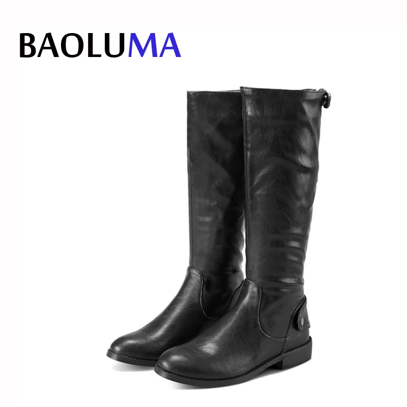 

Fashion New Women Boots Back Zipper Black Brown Low Heel Knee Boots Autumn Winter Ladies Snow Boots Women Leather Shoes