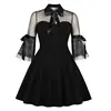 Femmes gothique dentelle Mini robe Sexy voir à travers manches évasées 2022 été femme fête Vintage décontracté court noir maille Goth robes ► Photo 1/6