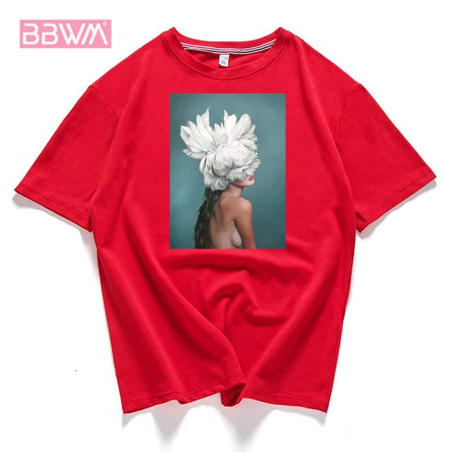 US $6.20 95% cotton bloom flower feather women t -shirt 2019 summer short sleeve round neck harajuku printin