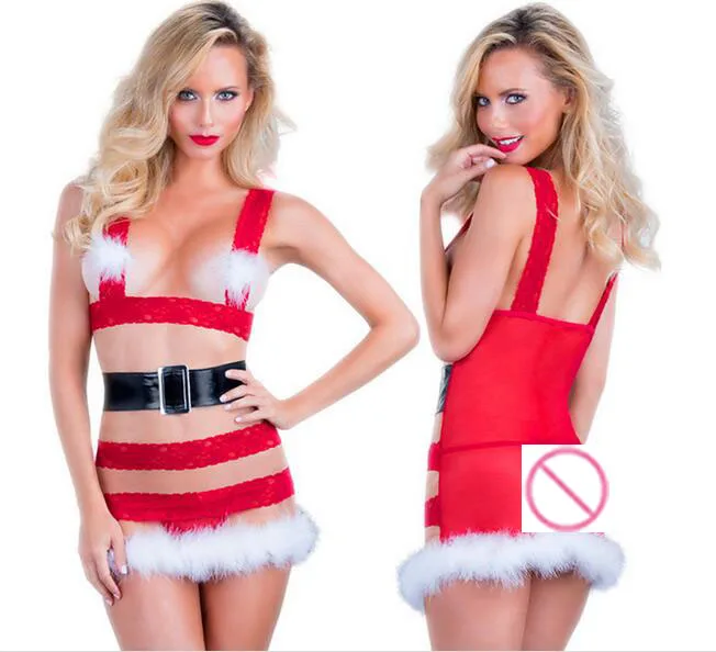 Сексуальное женское белье Рождество красный сетки выдалбливают Белый Мех животных с черным пояском платье комплект Для женщин Нижнее