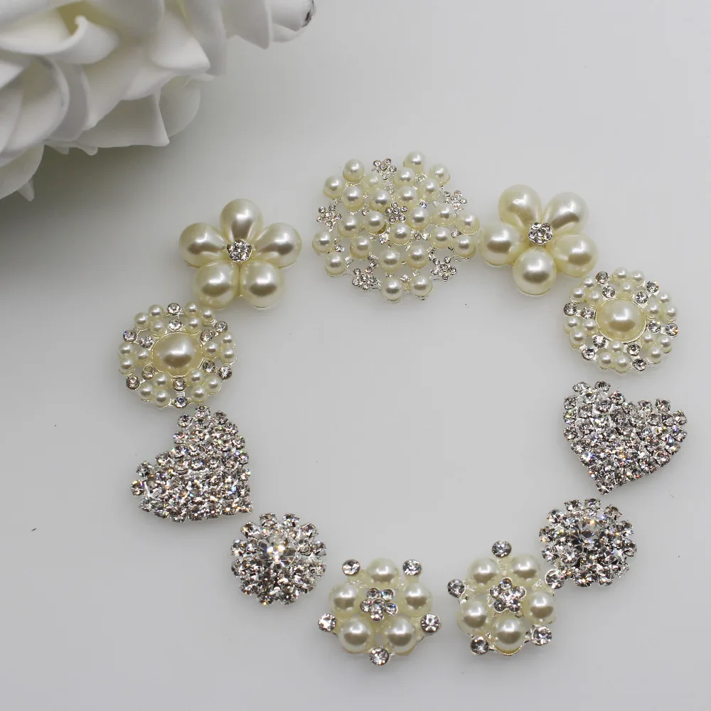  Fashion 11pc mixed size alloy pearl rhinestone combination button Flatback crystal brooch invitatio